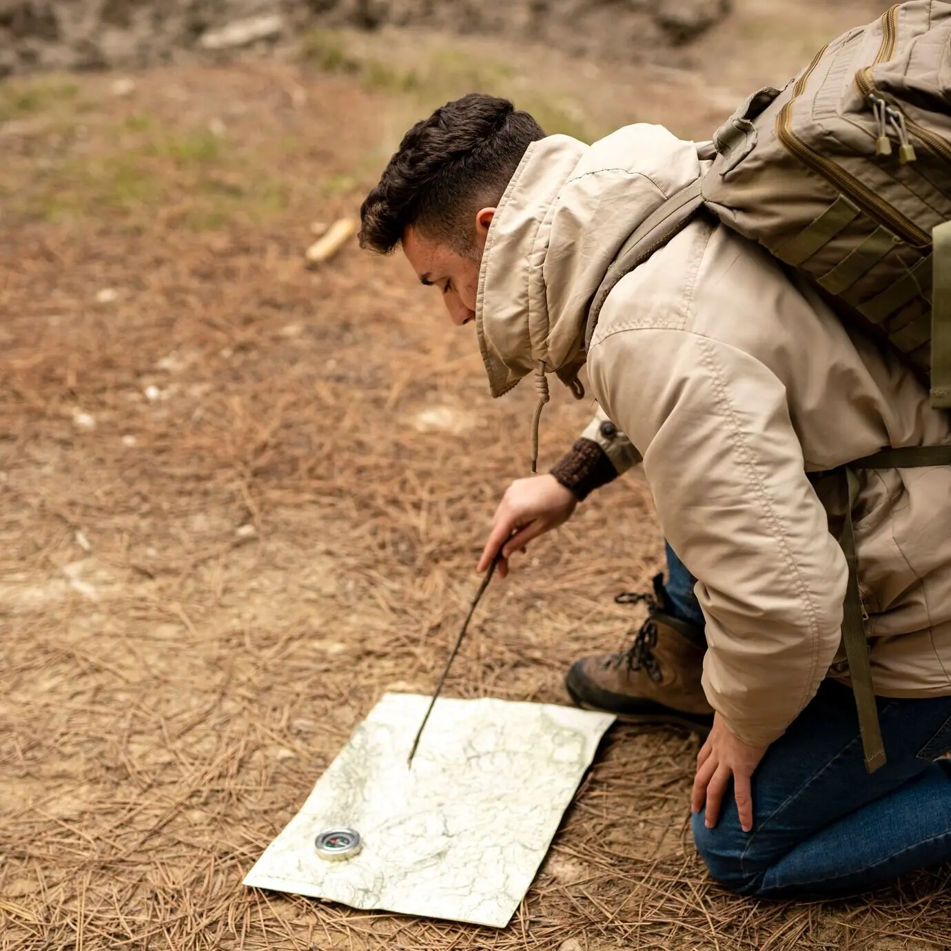 Halbnahe Aufnahme eines Mannes, der auf eine Karte schaut.
